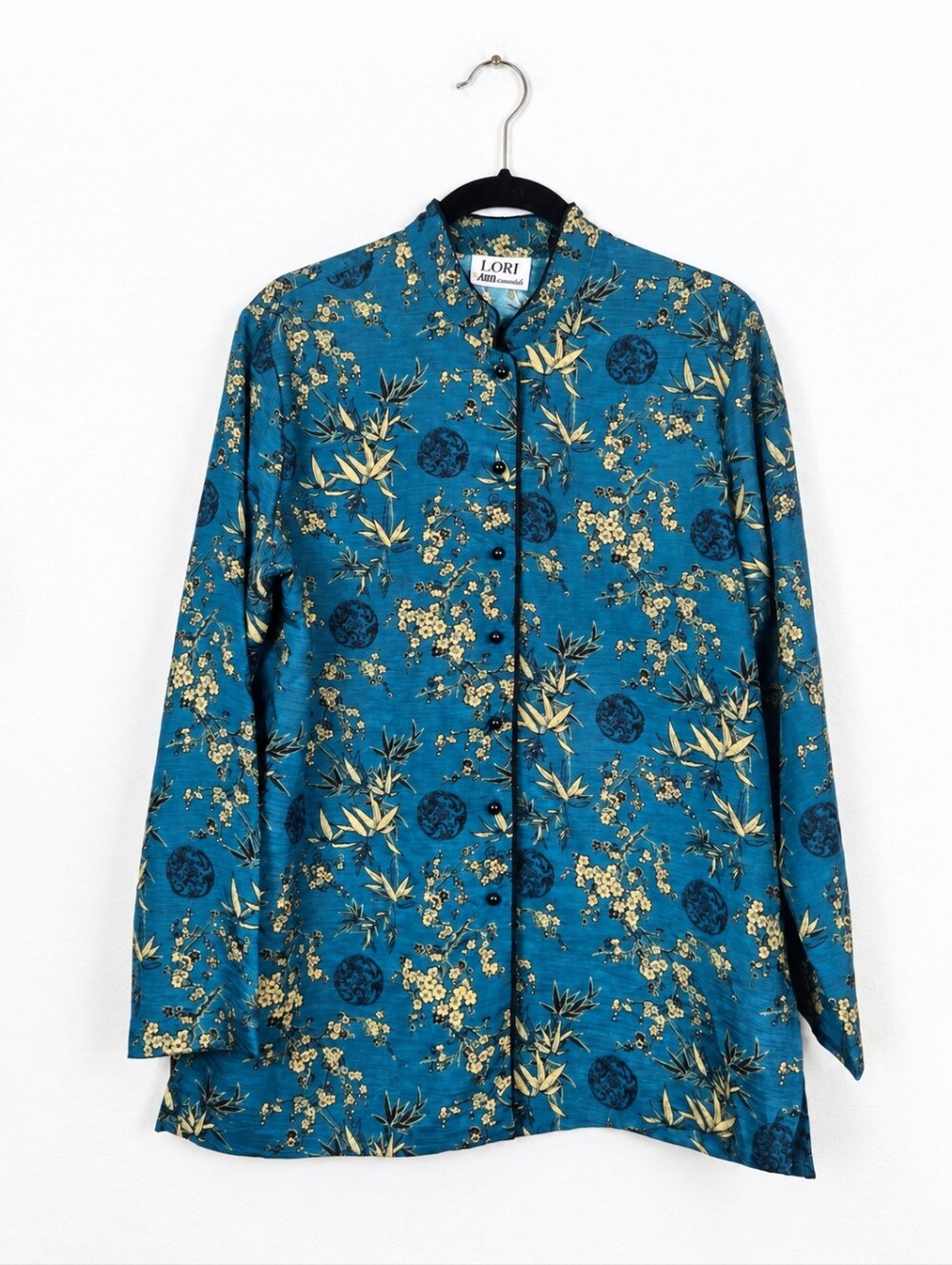 Vintage 90s Lori Chinoiserie Shirt Jacket 12 Art to Wear Mandarin Floral Teal